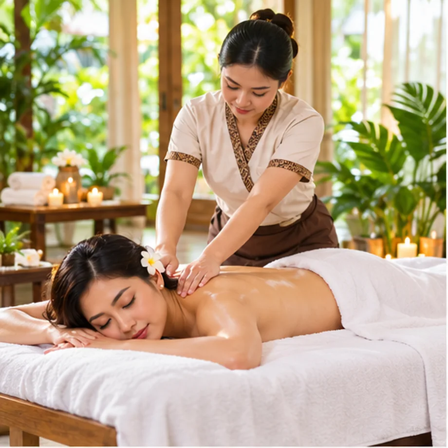 Relaxing professional back massage with spa therapist